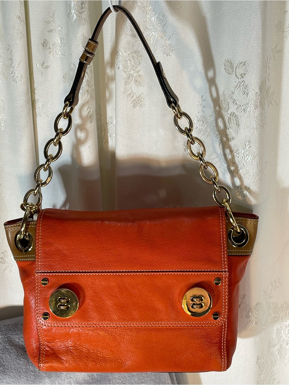 Milly Orange Leather Shoulder Bag with Gold Hardware